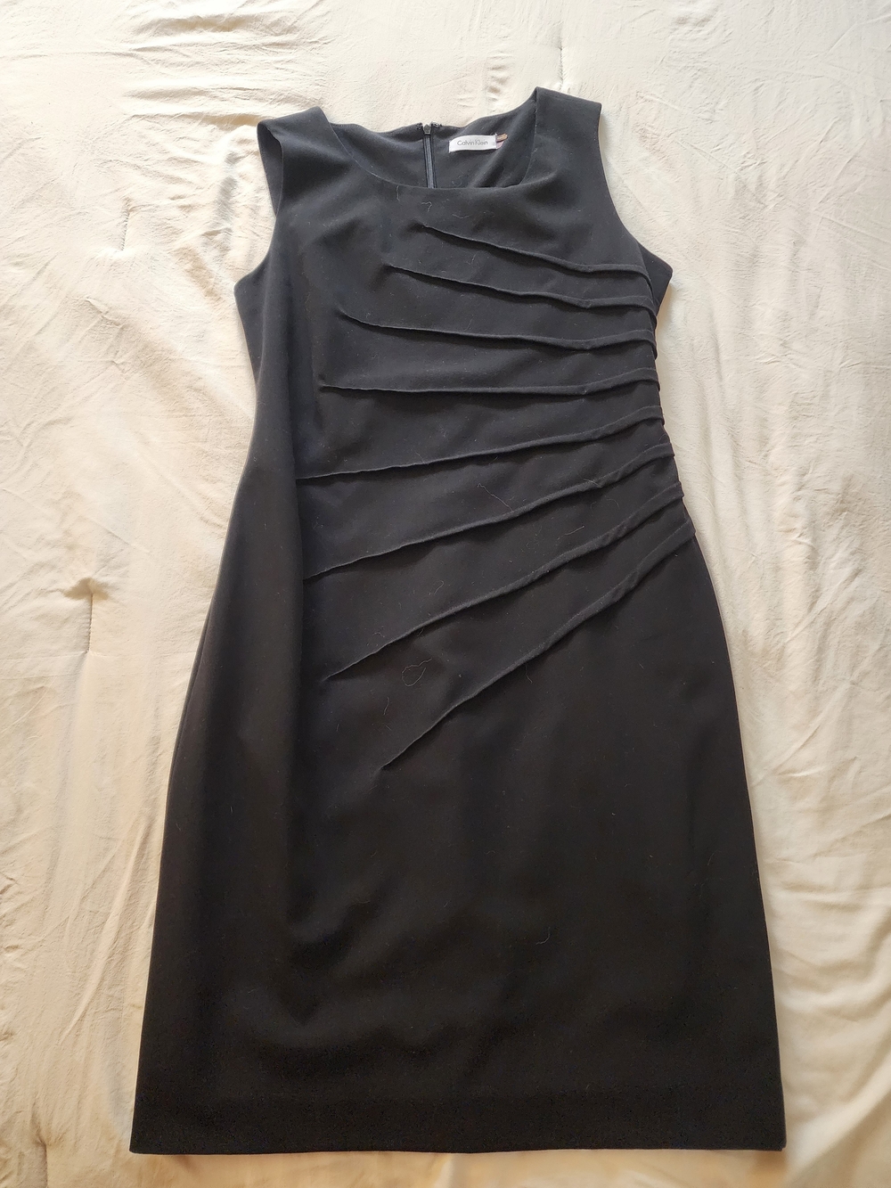 Calvin Klein Black Sleeveless Sheath Dress with Diagonal Ruching